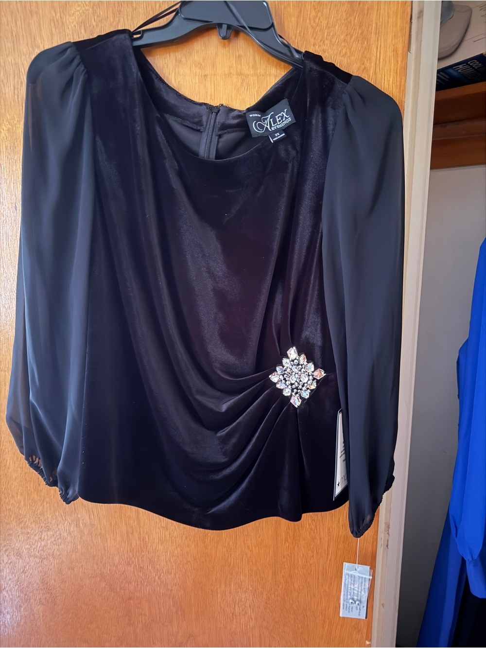 Alex Evenings Black Velvet & Chiffon Draped Top with Jewel Accent